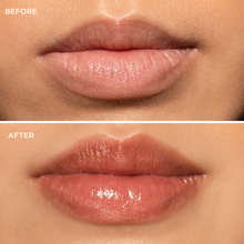 Load image into Gallery viewer, Before and after close-up comparison of lips showing their natural appearance before application and a glossy, warm mocha-brown tint after applying Dr. PAWPAW Rich Mocha Balm.
