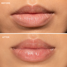 Load image into Gallery viewer, Before and after close-up comparison of lips showing a natural finish before application and a glossy, shimmering appearance after applying Dr. PAWPAW Shimmer Balm.
