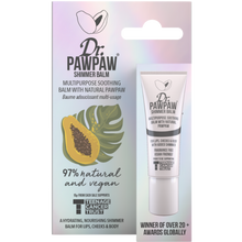 Load image into Gallery viewer, Dr. PAWPAW Shimmer Balm 10ml displayed with its original pastel packaging, featuring a 97% natural, vegan formula for a hydrating, shimmering finish.
