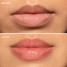 Load image into Gallery viewer, Before and after close-up comparison of lips showing their natural appearance before application and a soft, glossy peach pink tint after applying Dr. PAWPAW Tinted Peach Pink Lip Balm.
