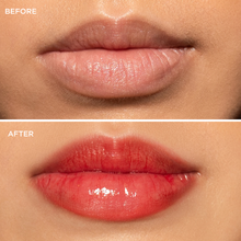 Load image into Gallery viewer, Before and after close-up comparison of lips showing their natural appearance before application and a glossy, vibrant red tint after applying Dr. PAWPAW Tinted Ultimate Red Lip Balm.

