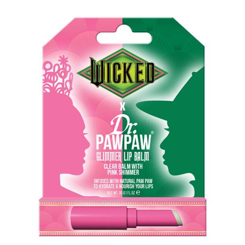 WICKED x Dr.PAWPAW Glimmer Lip Balm in pink shimmer packaging inspired by the characters Glinda and Elphaba