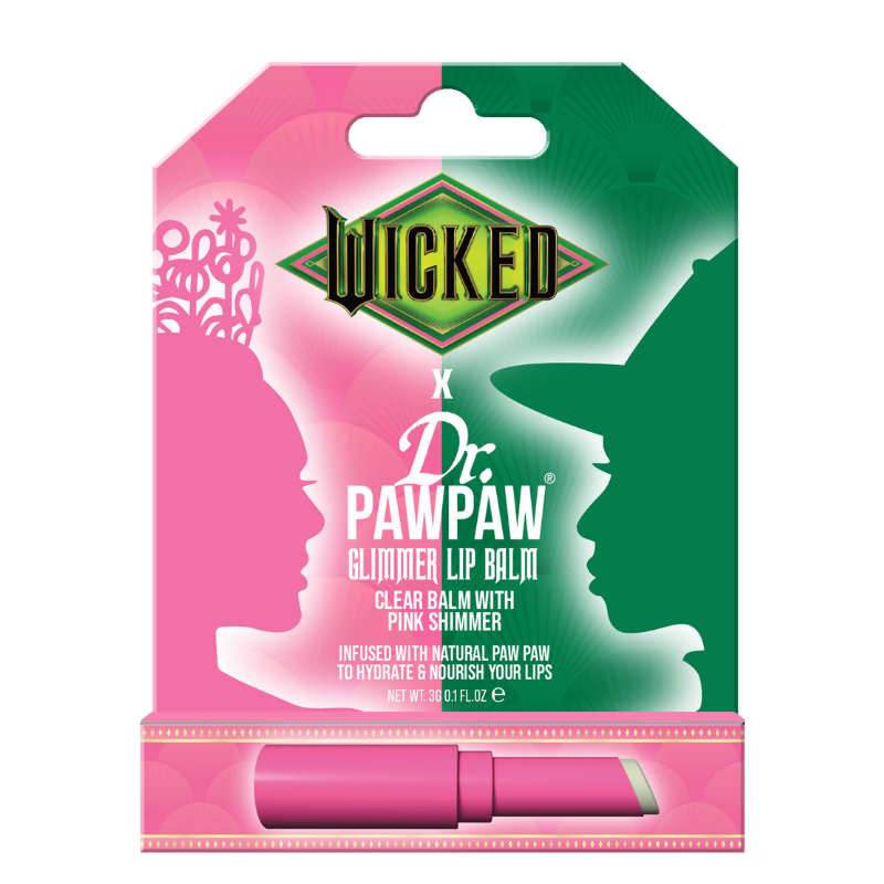 WICKED x Dr.PAWPAW Glimmer Lip Balm in pink shimmer packaging inspired by the characters Glinda and Elphaba