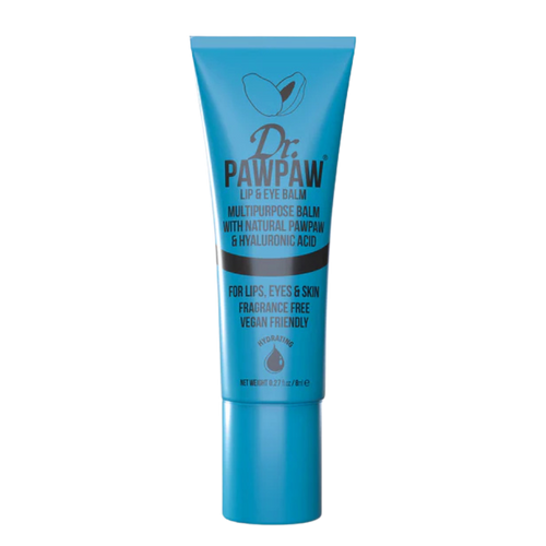 Tube of Dr.PAWPAW Lip & Eye Balm (8ml) in bright blue packaging, designed for use on lips and under-eye area.