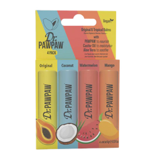 Load image into Gallery viewer, Boxed 4-pack of Dr.PAWPAW Original and Tropical lip balms
