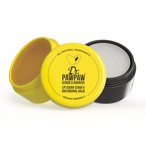	Open Dr.PAWPAW Scrub & Nourish pot showing lip scrub and balm duo