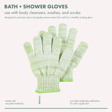 Load image into Gallery viewer, EcoTools Bath and Shower Gloves displayed over text highlighting moderate exfoliation and recycled materials.
