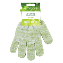 Load image into Gallery viewer, Front of EcoTools Bath and Shower Gloves with eco-friendly paper packaging header on a black background.

