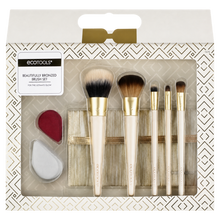 Load image into Gallery viewer, EcoTools Beautifully Bronzed Brush Set boxed gift package showing five makeup brushes, two blending sponges, and a gold storage pouch inside.
