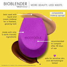 Load image into Gallery viewer, Infographic detailing EcoTools BioBlender features: compostable makeup sponge, earth-friendly ingredients, and sensitive skin safe.
