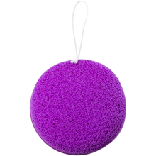 Load image into Gallery viewer, Rear view of the purple round EcoTools BioBlender facial cleansing sponge featuring the white hanging loop.
