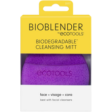 Load image into Gallery viewer, Front view of the yellow and white retail package for the EcoTools BioBlender facial cleansing mitt.

