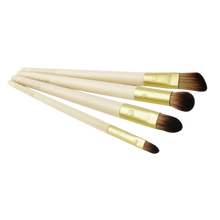 Load image into Gallery viewer, The four makeup brushes from the EcoTools Colour Correct and Perfect Set featuring bamboo handles and gold ferrules displayed together on a white background.
