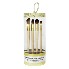 Load image into Gallery viewer, EcoTools Colour Correct and Perfect 4-piece makeup brush set packaged in a clear cylindrical tube with gold accents isolated on a black background.
