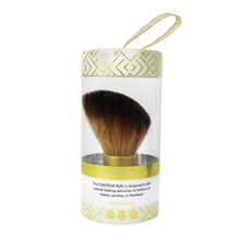 Load image into Gallery viewer, Back view of the EcoTools Contour Buki Brush clear cylindrical container showing usage instructions and eco-friendly features.
