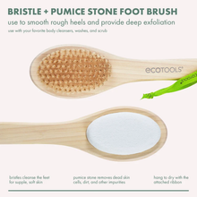 Load image into Gallery viewer, Infographic displaying the dual-sided EcoTools foot brush with features for pumice exfoliation and bristle cleansing.
