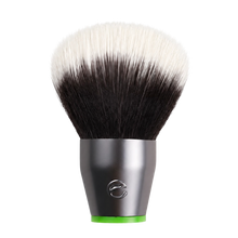 Load image into Gallery viewer, Close-up of the EcoTools Interchangeables buffing bronzer brush head featuring duo-fiber synthetic bristles and gunmetal ferrule isolated on a black background.
