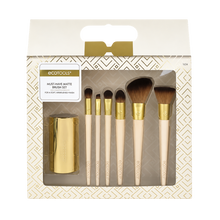 Load image into Gallery viewer, Front view of the boxed EcoTools Must Have Matte Brush Set showcasing six makeup brushes and a gold cup holder inside.
