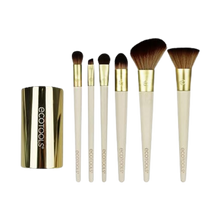 Load image into Gallery viewer, Full set of six EcoTools Must Have Matte makeup brushes aligned next to a gold storage cup on a black background.
