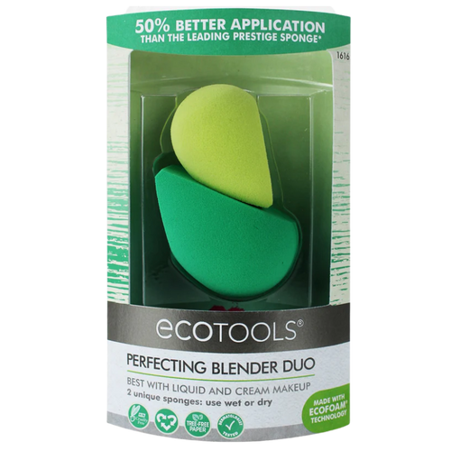 EcoTools Perfecting Blender Duo packaging. Contains 2 unique sponges for 50% better application of liquid and cream makeup, made with EcoFoam Technology.