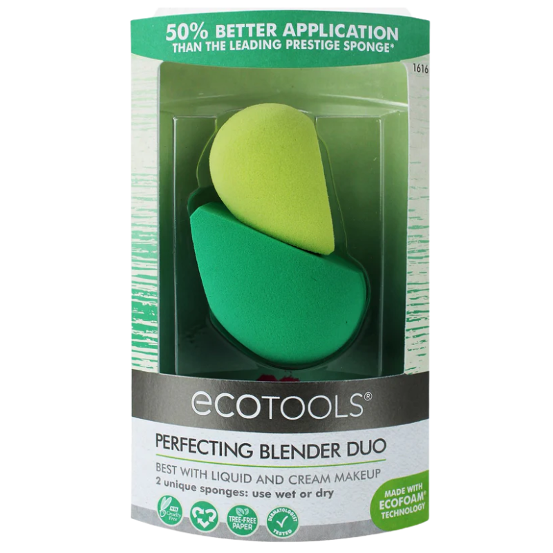EcoTools Perfecting Blender Duo packaging. Contains 2 unique sponges for 50% better application of liquid and cream makeup, made with EcoFoam Technology.