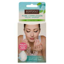 Load image into Gallery viewer, Front of retail box for EcoTools Pure Complexion Facial Sponge Sensitive Skin showing product branding and model splashing water on face.
