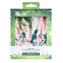 Load image into Gallery viewer, Front view of the EcoTools Shower Cap retail package showing the leaf print cap inside the green eco-friendly box.
