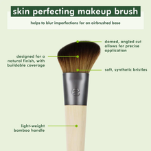 Load image into Gallery viewer, Infographic showing the key features of the EcoTools Skin Perfecting Brush, including the domed angled cut bristles and lightweight bamboo handle.
