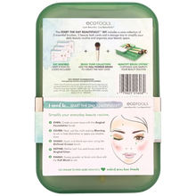 Load image into Gallery viewer, Back of the EcoTools Start the Day Beautifully Kit packaging showing a face application guide, step-by-step instructions, and barcode.
