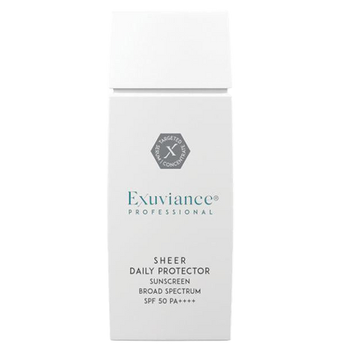 Exuviance Professional Sheer Daily Protector with Broad Spectrum Sunscreen SPF 50 PA++++. A professional-grade, sheer sun protector offering high-level daily UVA/UVB defense.