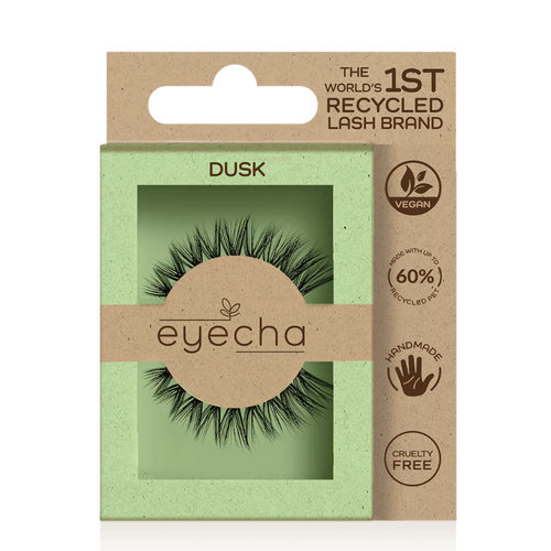 Eyecha Dusk vegan lashes in eco-packaging with soft curl and volumising cat-eye effect
