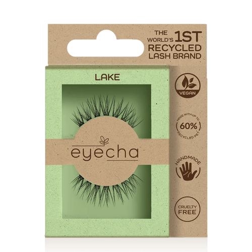 Eyecha Lake Vegan Lashes in eco-friendly packaging made with 60% recycled PET and biodegradable materials.