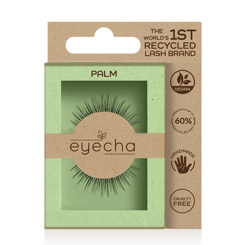 Eyecha Palm vegan lashes in eco-friendly packaging made with 60% recycled PET and PBT material