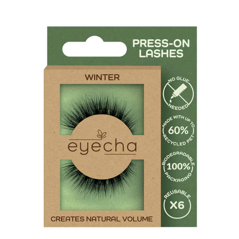 Eyecha Winter Press-On Lashes in eco-friendly biodegradable packaging with no glue needed.