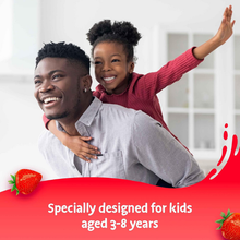 Load image into Gallery viewer, A happy father giving his daughter a piggyback ride with text stating the toothpaste is specially designed for kids aged 3-8 years.
