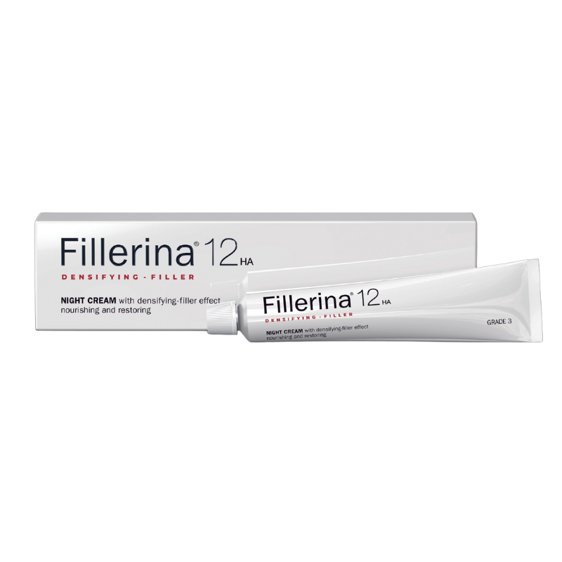 Fillerina 12 HA Densifying-Filler Night Cream for nourishing and restoring the face. Grade 3 concentration for moderate wrinkles and redensification.