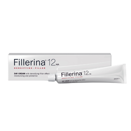 Promotional image for Fillerina Double Filler Grade 3, specifically targeting moderate wrinkles and expression lines, and providing a filling effect for cheekbones and lips volume restoration.