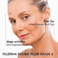 Load image into Gallery viewer, Woman's face with text indicating areas treated by FILLERINA Double Filler Grade 4, showing deep wrinkles and expression lines.
