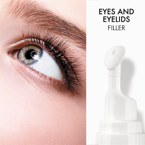 Close-up of an eye with an applicator tip for a skincare product, indicating the product is designed for the eyes and eyelids.