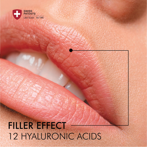 Close-up of lips and mouth with a focus on the product's filler effect, mentioning '12 Hyaluronic Acids' as a key ingredient.