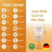 Load image into Gallery viewer, Infographic for Flexeze® Fortify showing a "Take One Sachet Per Day" instruction and a list of 12 allergen-free certifications like gluten-free, dairy-free, and shellfish-free.

