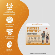 Load image into Gallery viewer, Infographic for Flexeze® Fortify detailing its formula with 10,000mg Fortigel® collagen, 9.3g protein, and 60mg Vitamin C for joint support.
