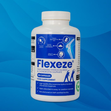 Load image into Gallery viewer, A bottle of Flexeze® food supplement featuring a high-quality Glucosamine and Chondroitin formula in a 90-capsule count.
