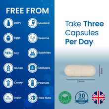 Load image into Gallery viewer, Infographic for Flexeze® 90 capsules showing a "Take Three Capsules Per Day" instruction and a list of 12 allergen-free certifications like gluten-free and soy-free.
