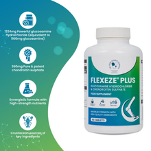 Load image into Gallery viewer, An infographic for Flexeze® Plus showing the supplement bottle and detailing its formula, including 1324mg Glucosamine HCl and 360mg Chondroitin Sulphate from crustacean sources.
