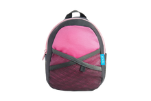 Load image into Gallery viewer, Front view of the Brica By-My-Side toddler safety harness backpack in pink and grey with a mesh pocket.
