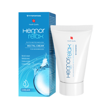 Load image into Gallery viewer, A white tube of Fytofontana Hemorrelax rectal cream standing next to its blue cardboard box packaging on a black background.
