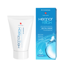 Load image into Gallery viewer, Alternative arrangement of Fytofontana Hemorrelax rectal cream showing the white product tube on the left and the blue outer box on the right.

