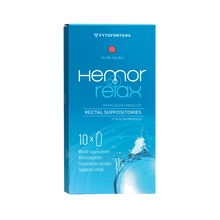 Load image into Gallery viewer, Front view of the Fytofontana Hemorrelax rectal suppositories packaging, a blue box featuring a water splash graphic and text indicating a 10-piece pack.
