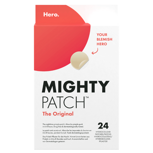 Hero Mighty Patch The Original packaging. Contains 24 hydrocolloid patches. Nighttime pimple patch that absorbs gunk in 6-8 hours. Drug-free and dermatologically tested.